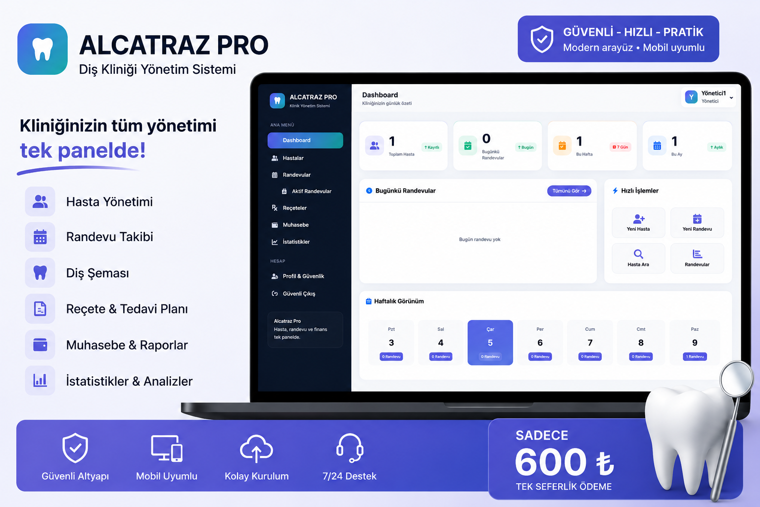 🦷 Alcatraz Pro Dental v4 | Diş Kliniği Otomasyon Scripti | Açık Kaynak | Mobil Uyumlu | PHP